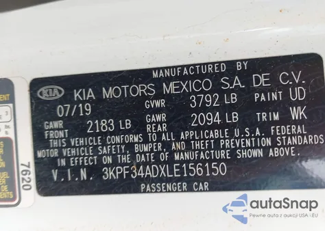 2020 Kia Forte Gt-Line z USA, uszkodzony, nr VIN 3KPF34ADXLE156150